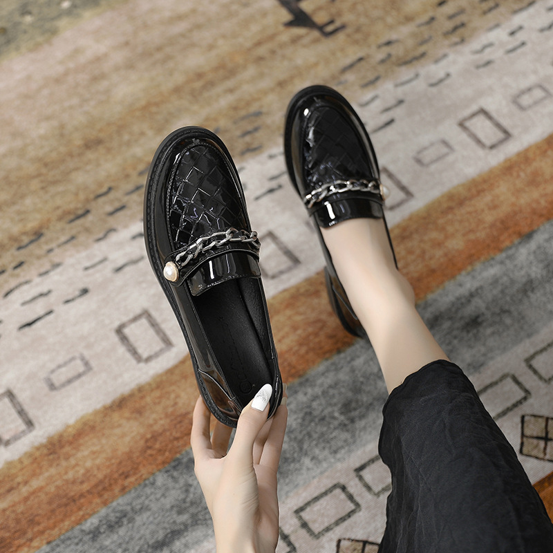 japanned 5396b plaid leather oxford shoes woman metal chains pearl buckle brogues weaved pattern thick heel derby flats women loafers
