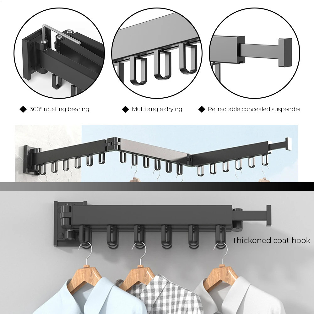 Aluminum Retractable Indoor and Outdoor Wall Mount Folding Clothes Hanger Space Saving Cloth Drying Rack 240902