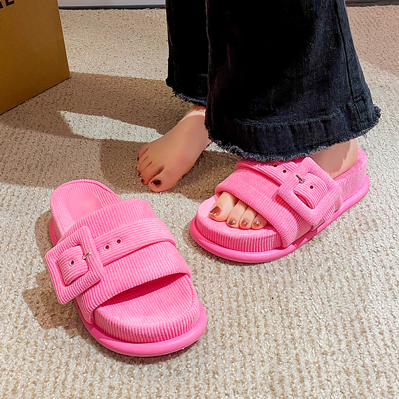 Thicken 2023 Soled Platform Slippers Woman Buckle Band Slides Tweed Cloth Shoes Ladies Muffins Flipps Elevated Sandals Femmes