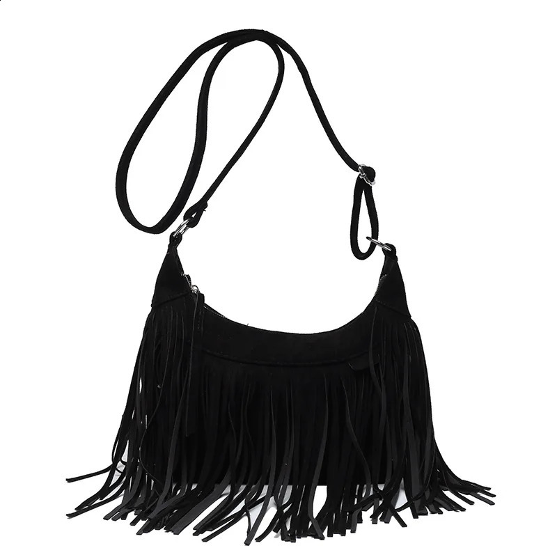 Retro tassel large capacity bag for womens autumn and winter handbag womens shoulder bag simple cross shaped bag 241021