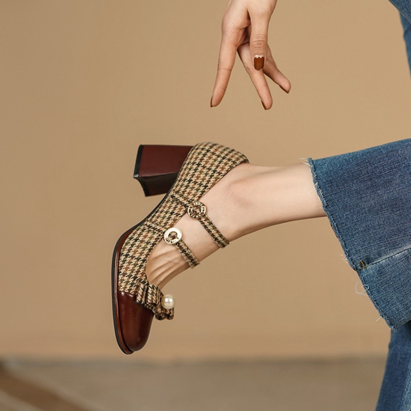 Spring/Autumn 2022 Women's Shoes Round Toe Chunky Heel Pumps Cotton Fabric Lattice High Heels Genuine Leather Retro Mary Janes dee9 s