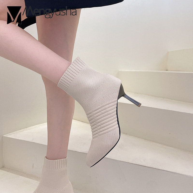 Autumn Sexy Women Pointed toe Ladies Mid-calf Boots Stretch Fabric High Heels Booties 2023 Stripe Sock Female Botas Shoes bfe3