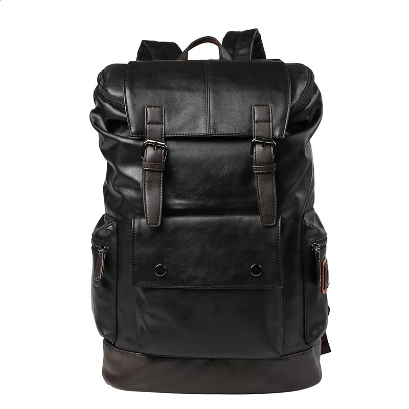 Leather Men Backpack Youth Large Capacity Travel Backpack Laptop School Bag Male Business Shoulder Bag Black 240902