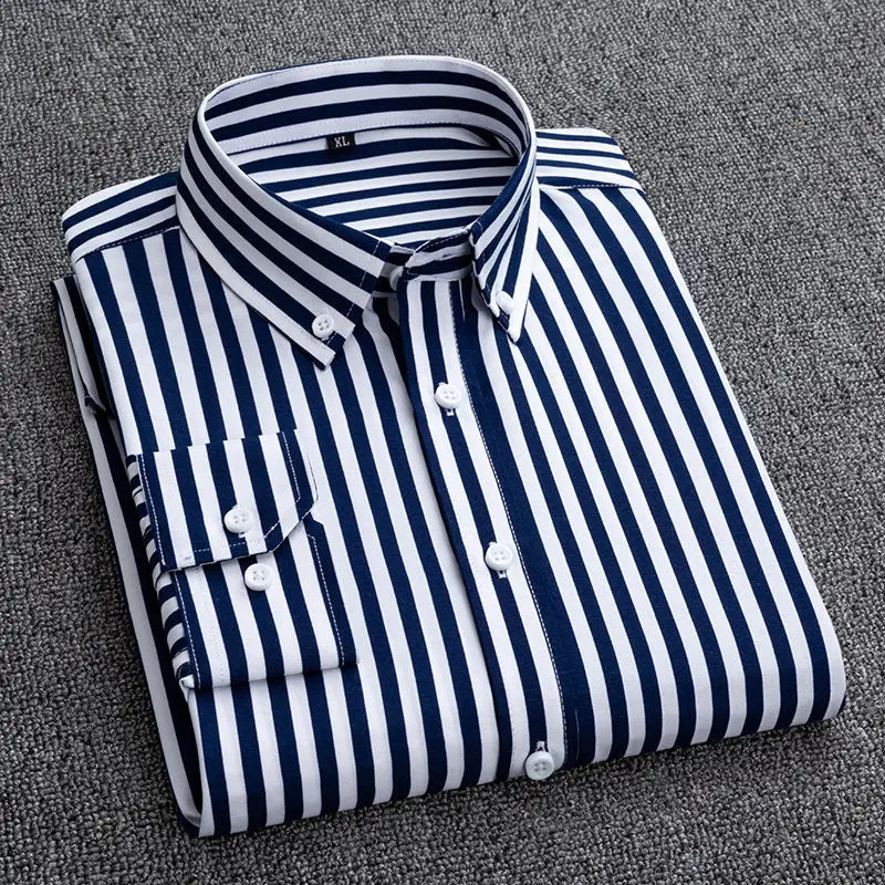 Mens Dress Shirts Striped Long Sleeve Spring Autumn Smart Casual Business Non-Ironing Slim Fit Formal Mens Shirt Blue White 240902