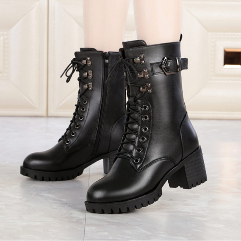 AIYUQI 2024 Genuine Leather Women Biker Boots Size Lace Fashion Women Martn Boots High-heeled Thick Wool Boots