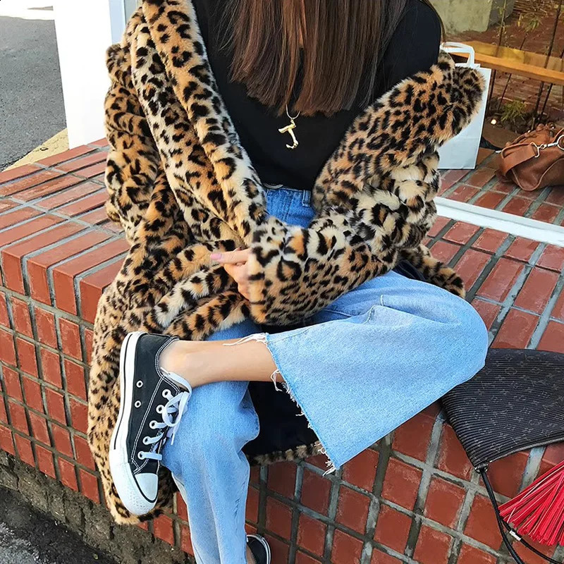 Winter Warm Turn Down Collar Leopard Print Faux Fur Long Coat Tops For Women Jackets Casaco Feminino 240830