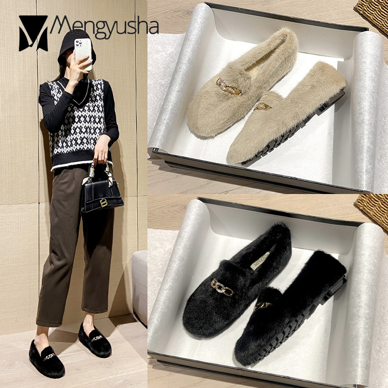 4096c Mink Winter Shoes Snow Woman Metal Chains Cotton Moccasins Female Comfy Antiskid Flats Fur Loafers Women Warm Footwear