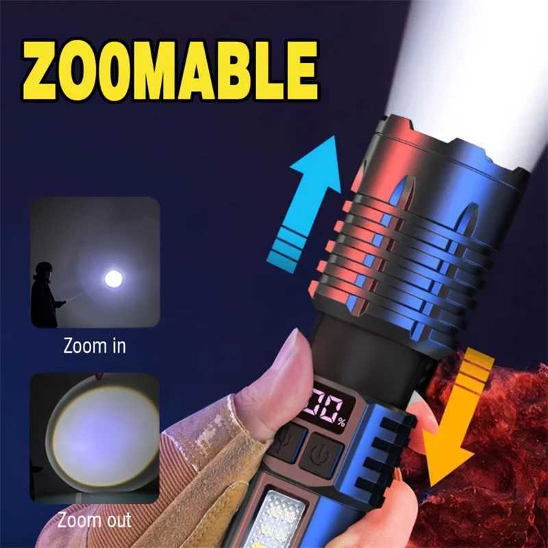High power charging LED flashlight is very sturdy. LED flashlight with side lights used for outdoor camping and hiking W240902