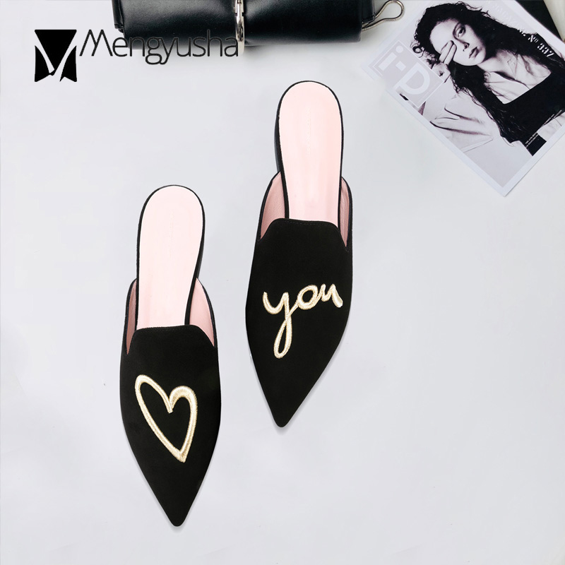 famous designer pointed toe heart embroider sandals women quality flock/suede letter printing slippers flat mules femmes c663