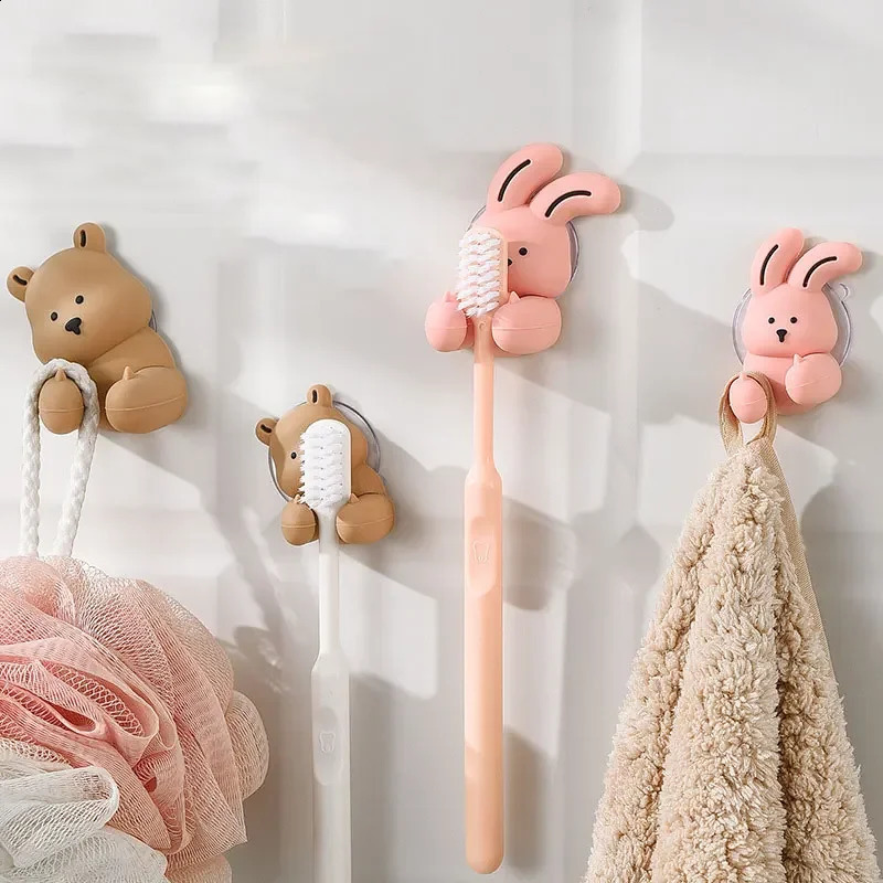 Cartoon Rabbit Bear Toothbrush Holder Wall-mounted Suction Cup Silicone Hook Sundries Storage Rack for Bathroom Accessories 240902