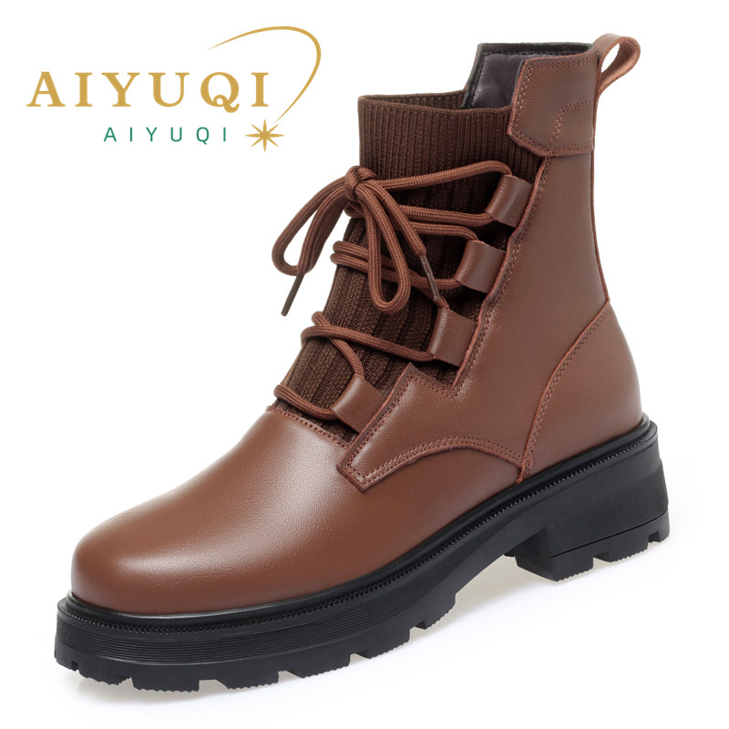 AIYUQI Women Boots Winter Large Size 2024 New Genuine Leather Women Motorcycle Boots Wool Warm Retro Non-slip Ladies Ankle Boots