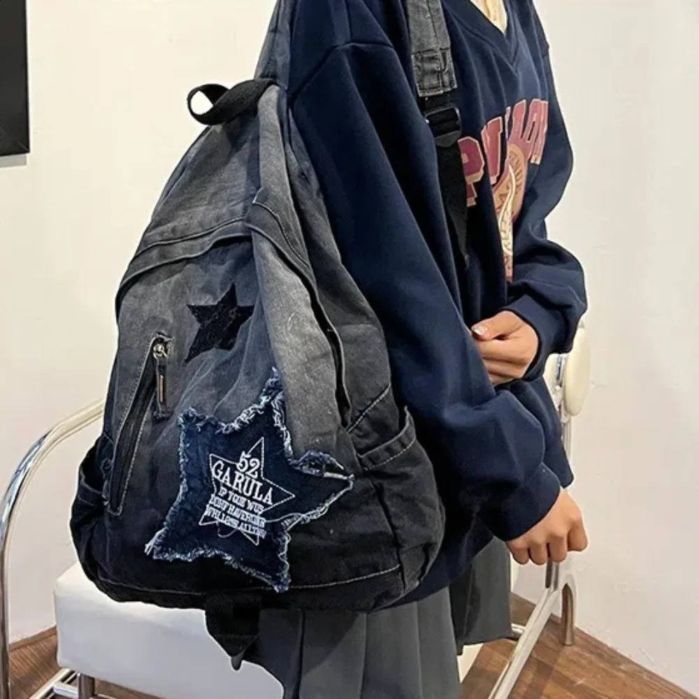 Fashion star pattern denim backpack Y2K punk backpack large capacity student backpack 240902