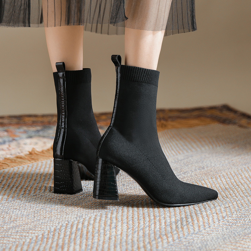 big size 35-42 sock boots women high heels winter shoes pointed toe knitting ankle bottine femme stretch yarn elastic botas c620