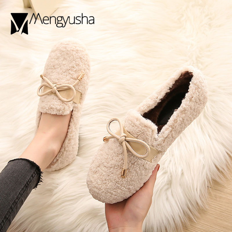 woman cf0c3 plush moccasins Butterfly-Knot fur flats slip on loafers female winter cotton plus size lambswool ballet shoes women cott