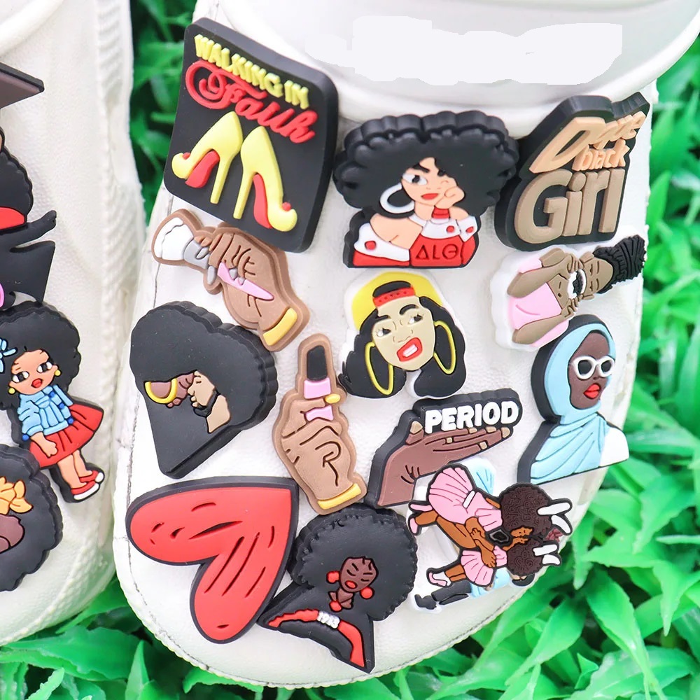 Mix 50PCS Girls Woman Power Black Queen Walking In Faith Period PVC Shoe Charms Fit Wristbands Garden Shoes Button Decoration