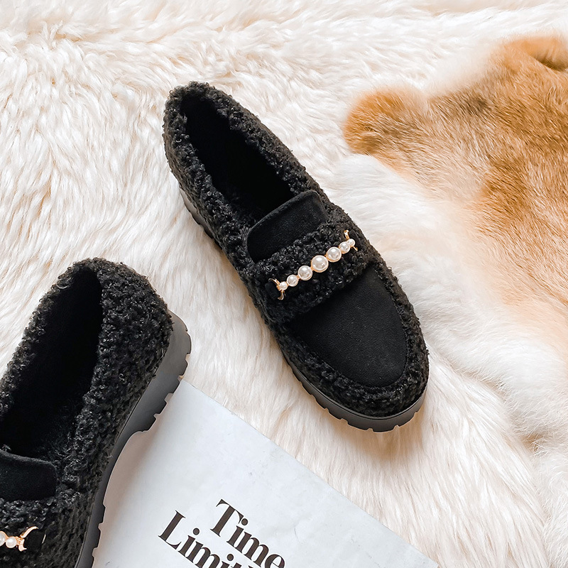pearl brand 8560e designer strings fur flats women round toe villus creepers beading lambwool platform cotton moccasins shoes woman