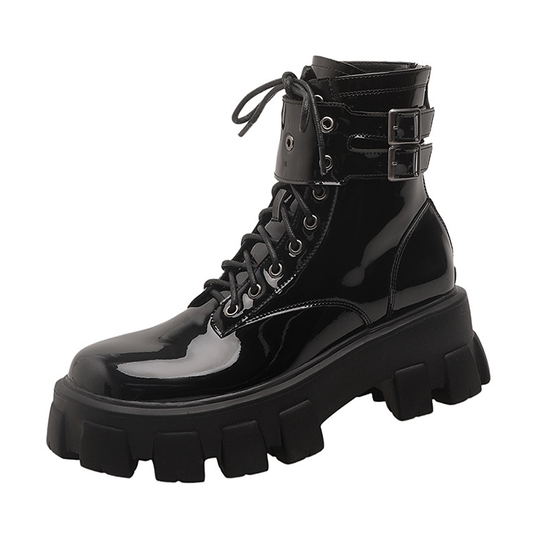 Women Designer Chunky Winter Shoes PU Leather Ankle Black Female Boots Fashion Platform Motorcycle Booties 8594