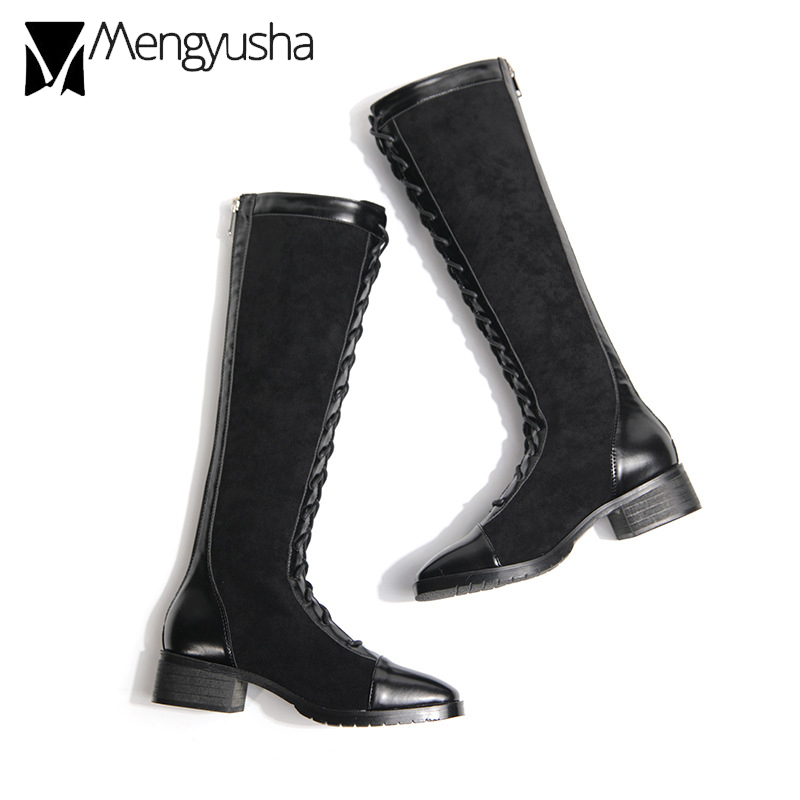 Knee Boots Women Cross Tie Knight Motorcycle Botas Winter Long Tube Botines Patchwork Faux Suede&Leather High Top Booties 013d