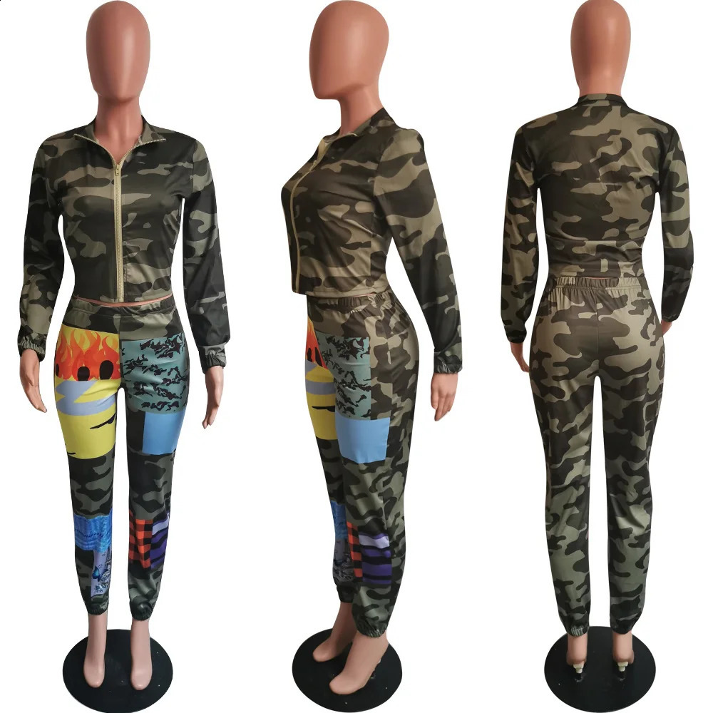 Prowow Womens Track and Field Clothing Zipper Crop Coat Elastic Waist Pants Two piece Sports Clothing Camo Printed Autumn Womens Clothing Set 240902 - view 7
