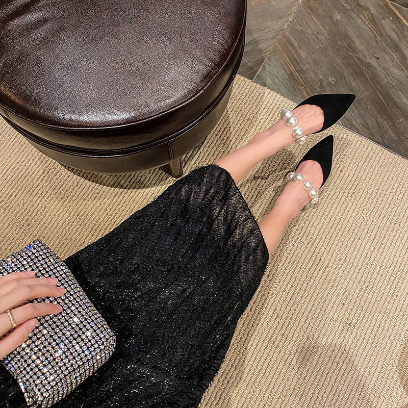 big pearl sgback high heels sandals women transparent band beading sandalias pointy ck thin heel mules female e722