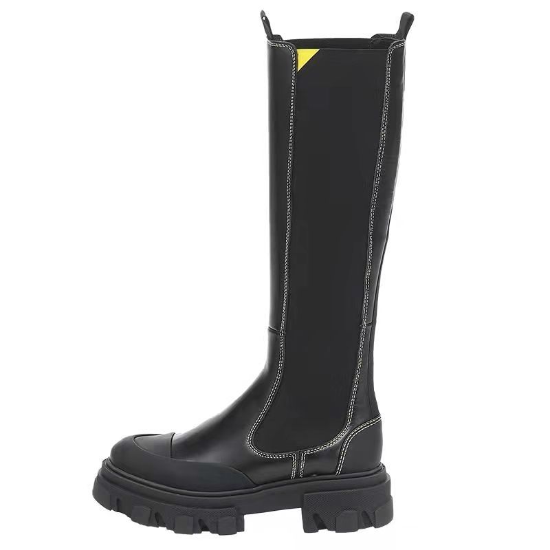 Gothic Platform 2022 Long Women Knee High Shoes Black Mid Calf Round Toe Slip on Riding Boots 7d49