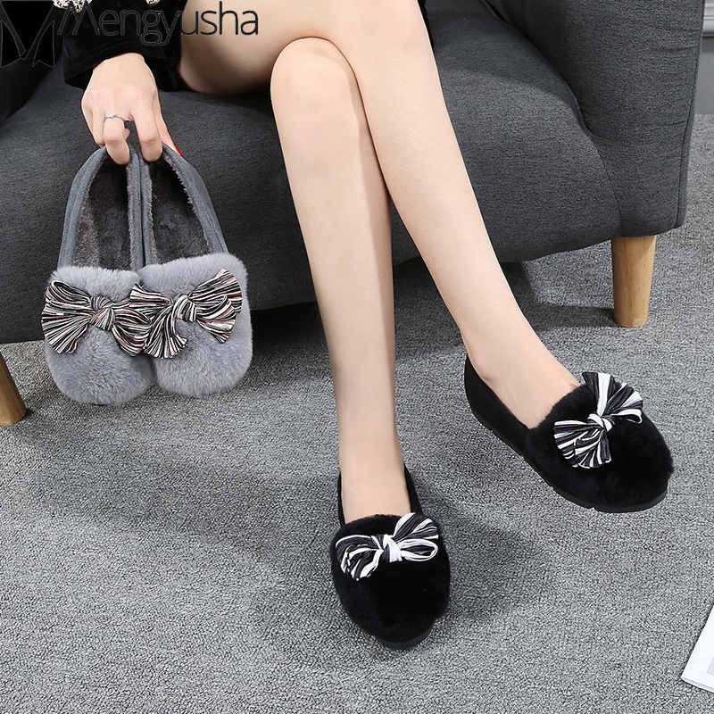 sizes Plus 6c4da 42 41 woman cotton shoes winter rabbit fur plush flats striped bowknot creepers comfy loafers casual female moccasins
