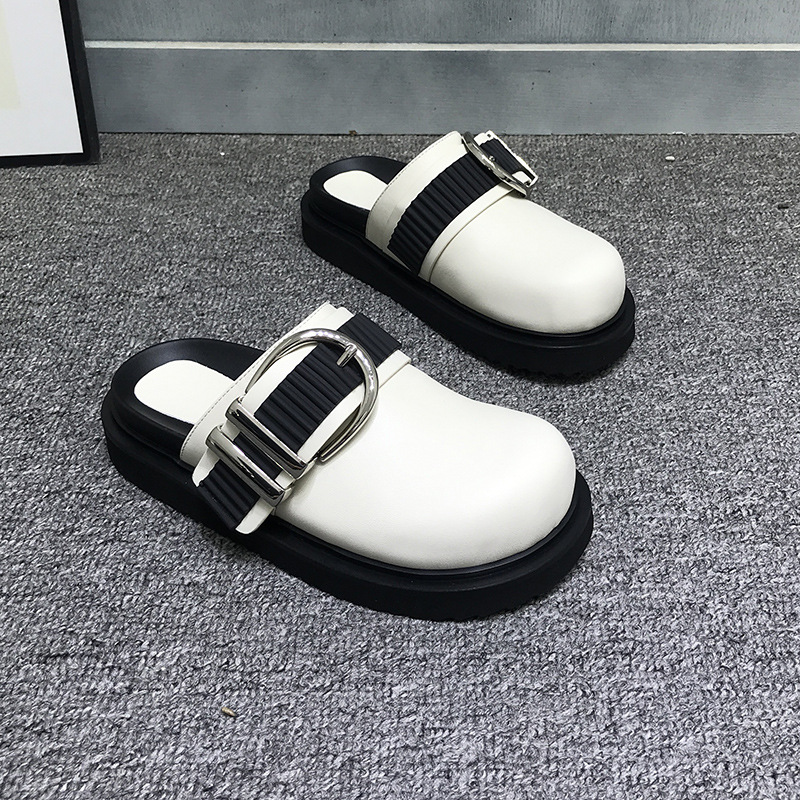 Slippers New Women 2023 Summer Fashion Closed Toe Leather Shoes Loafers High Platform Black Heels Mules Ytmtloy Wedges Indoor