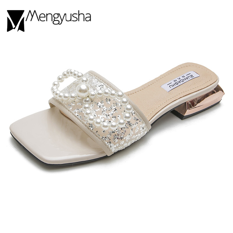 Pearl Brand European Bow Sandals Women String Beaded Slippers Square Low Heel Open Toe Flipps Ladies Beach Slides Shoes Woman