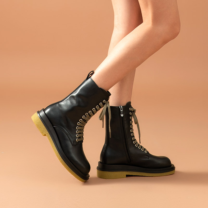 Mid-Calf BeauToday Boots Women Genuine Cow Leather Side Zip Lace Up Female Platform Lady Autumn Winter Shoes Handmade 03517 83bd