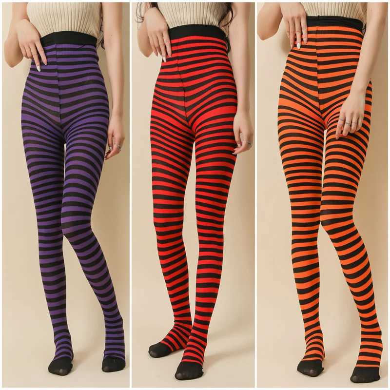 Socks Hosiery Goth Style Punk Women Striped Pantyhose Rainbow Long Tights Hallown Christmas High Waist Cosplay Stocking Elastic Slim Legging Y24083306