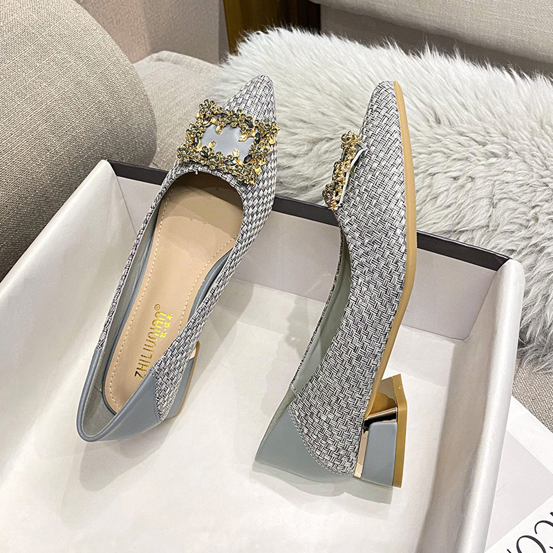 crystal 31d0f square buckle med-high heels shoes woman new designer leather knitting pumps metal heeled tacones mujer plus size43