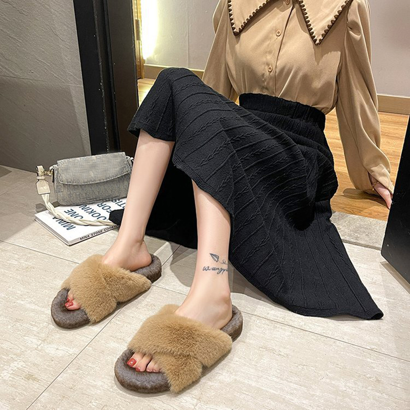 design new winter fur slippers women double band plush slides female cross furry home shoes flipps ladies hairy slipper ry