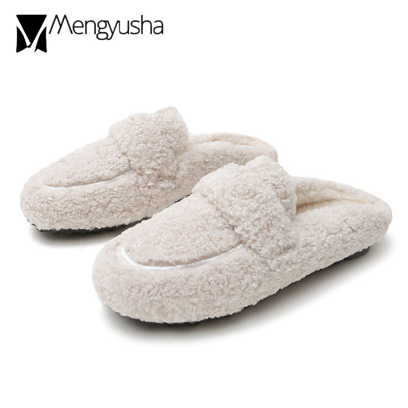 Women Winter House Lamb Fur Fashion Warm Shoes Woman Slip on Flats Female Slides Round toe Cozy Home Furry Slippers ry pers