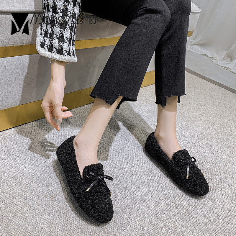 fur a46ca flats lamb Butterfly-Knot woman furry wool moccasins ballerina winter cotton shoes for women warm plush fleeces loafers ry