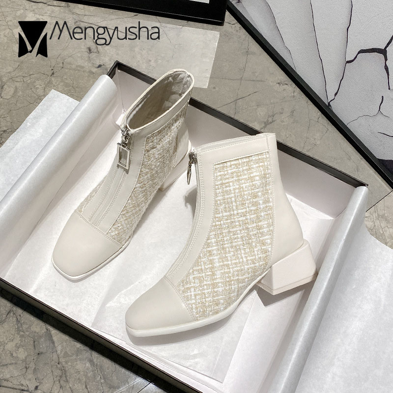 boots Front Zipper women winter shoes square toe thick heels riding botines mujer plaid cloth patchwork short botas 7806