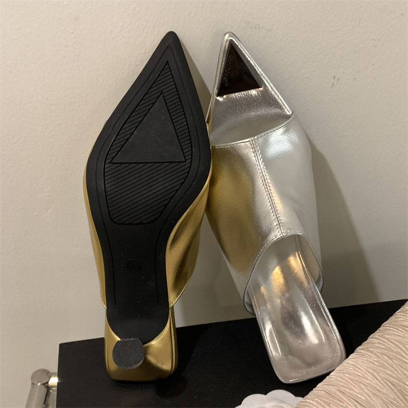 Gold Sier 2024 Eilyken Pointed Toe Slippers Women Designer Thin Low Heels Banquet Party Prom Ladies Slide Shoes