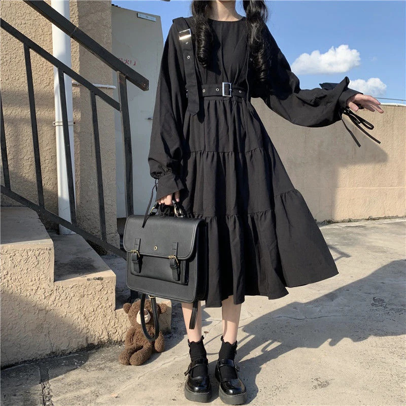 Emo Dress Japanese Harajuku E- Clothing Y2k Street Clothing Womens Retro Ruffle Gothic Kawaii Dress Preparatory Autumn Dark Alt Clothing 240902