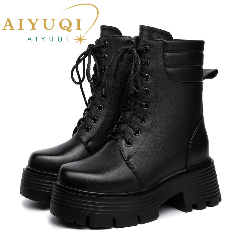 AIYUQI Women Boots Platform High Heel Genuine Leather Large Size Ankle Boots Women Thick Wool Winter Snow Boots Ladies