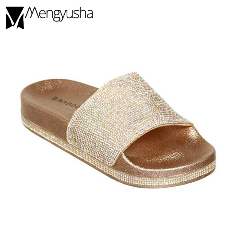 glitter rhinestone flip flops women open toe beach slides gold/silver crystal thick bottom muffins lady roman gladiator sandals