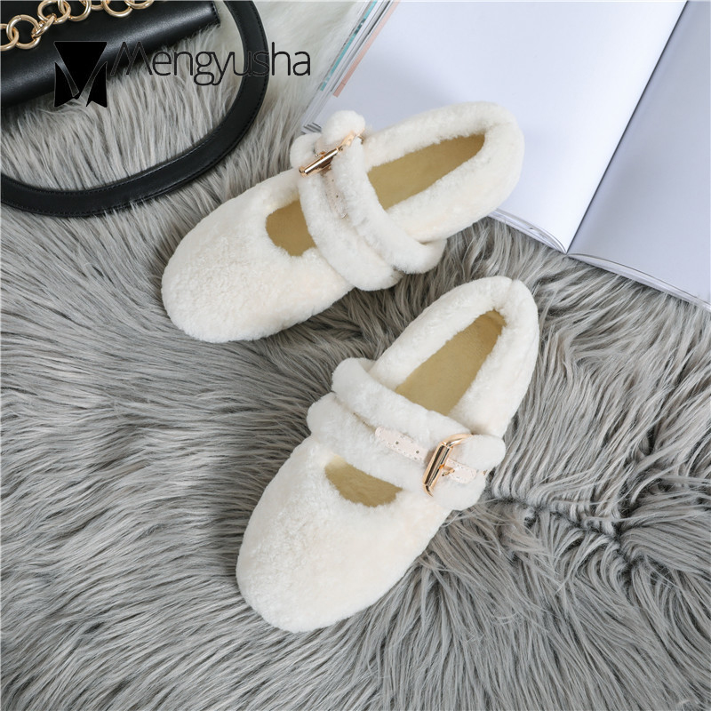 strap flats 06250 Metal buckle women shallow round toe loafers 2023 white wool fur cotton moccasins winter mary janes shoes woman