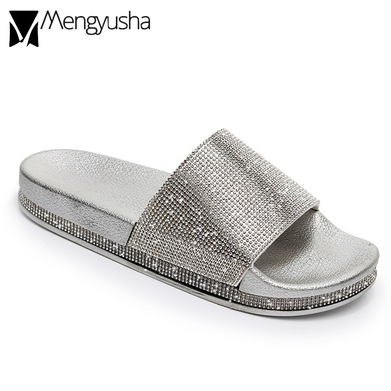glitter rhinestone flip flops women open toe beach slides gold/silver crystal thick bottom muffins lady roman gladiator sandals