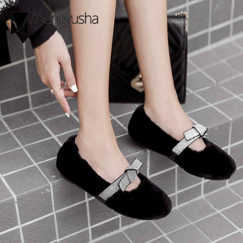 47c81 Cashmere Flats female crystal bow-knot fur loafers cotton women shearg mary jane shoes woman plush rhie moccasins