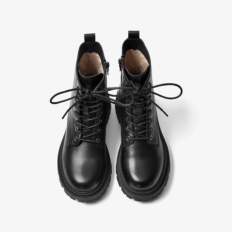 Ankle BeauToday Boots Women Genuine Cow Leather Round Toe Solid Color Side Zipper Retro Platform Ladies Shoes Handmade A04420 3870