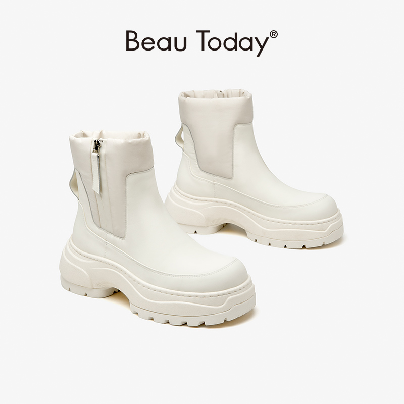 Ankle BeauToday Boots Women Down Fabric Patchwork Round Toe Thick Sole Side Zipper Platform Ladies Shoes Handmade 08039 fea1