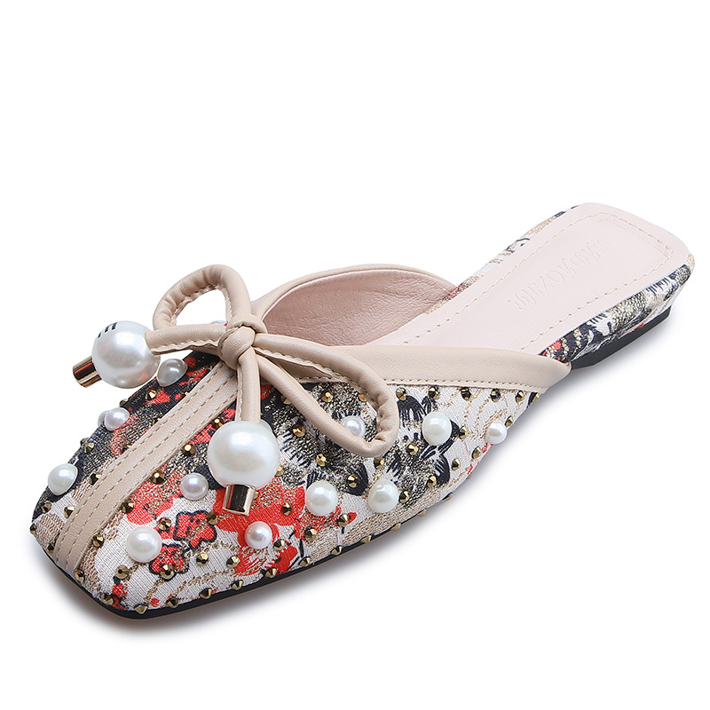 Pearl Bow-knot slippers women cover flat slides summer beach shoes female sandalias square toe studs print mules mu a8fe