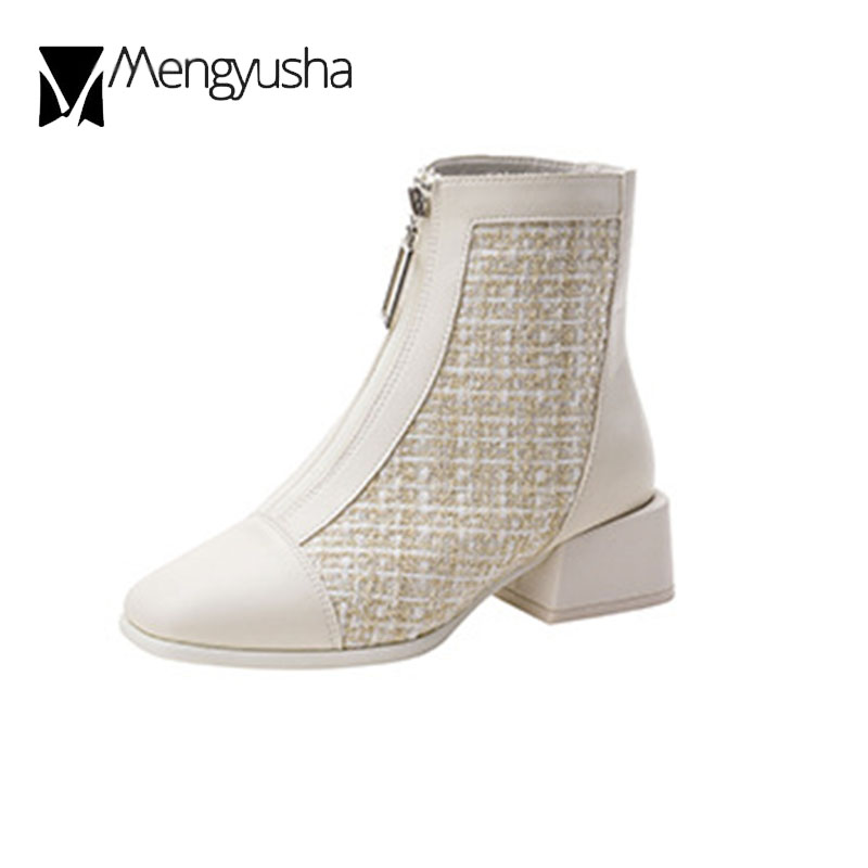 boots Front Zipper women winter shoes square toe thick heels riding botines mujer plaid cloth patchwork short botas 7806