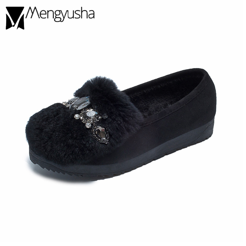 fur hair Rabbit Ladies 43333 shoes big size rhie winter plush cotton loafers flat heels crystal creepers new moccasins women