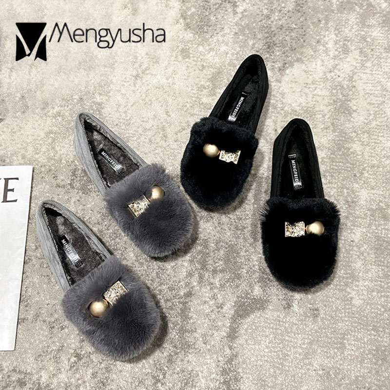 flats 78332 Rabbit woman fur crysatl metal ball plush loafers winter cotton shoes women fleeces furry moccasins plus size 40-43 ry