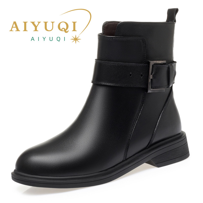 AIYUQI Women's Boots Winter 2024 New Genuine Leather Wool Warm Women's Short Boots Llarge Size Women Motorcycle Boots