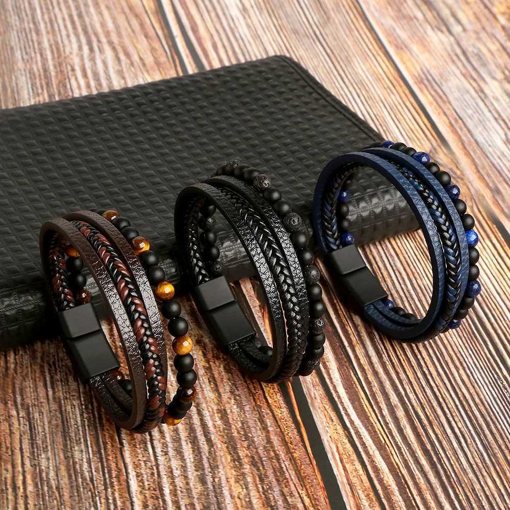 High quality leather bracelets for men classic and fashionable tiger eye beads multi-layer leather bracelets for men charming jewelry gifts W241231